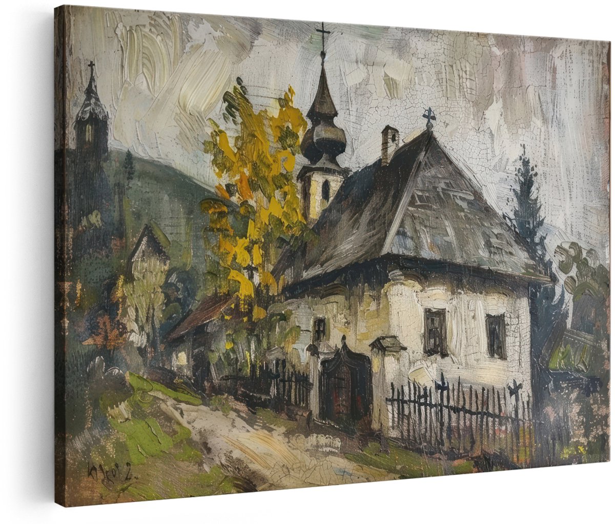 Artaza Canvas Schilderij Landschap Kerk - 180x120 cm - Groot - Wanddecoratie Herfst - Muurdecoratie Vintage Dorp - Decoratie Olieverfschilderij Natuur