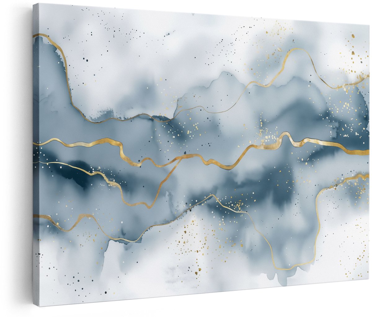 Artaza Canvas Schilderij Blauw en Goud Abstract Kunstwerk op een Witte Achtergrond - 180x120 cm - Groot - Wanddecoratie Woonkamer - Schilderijen - Muurdecoratie