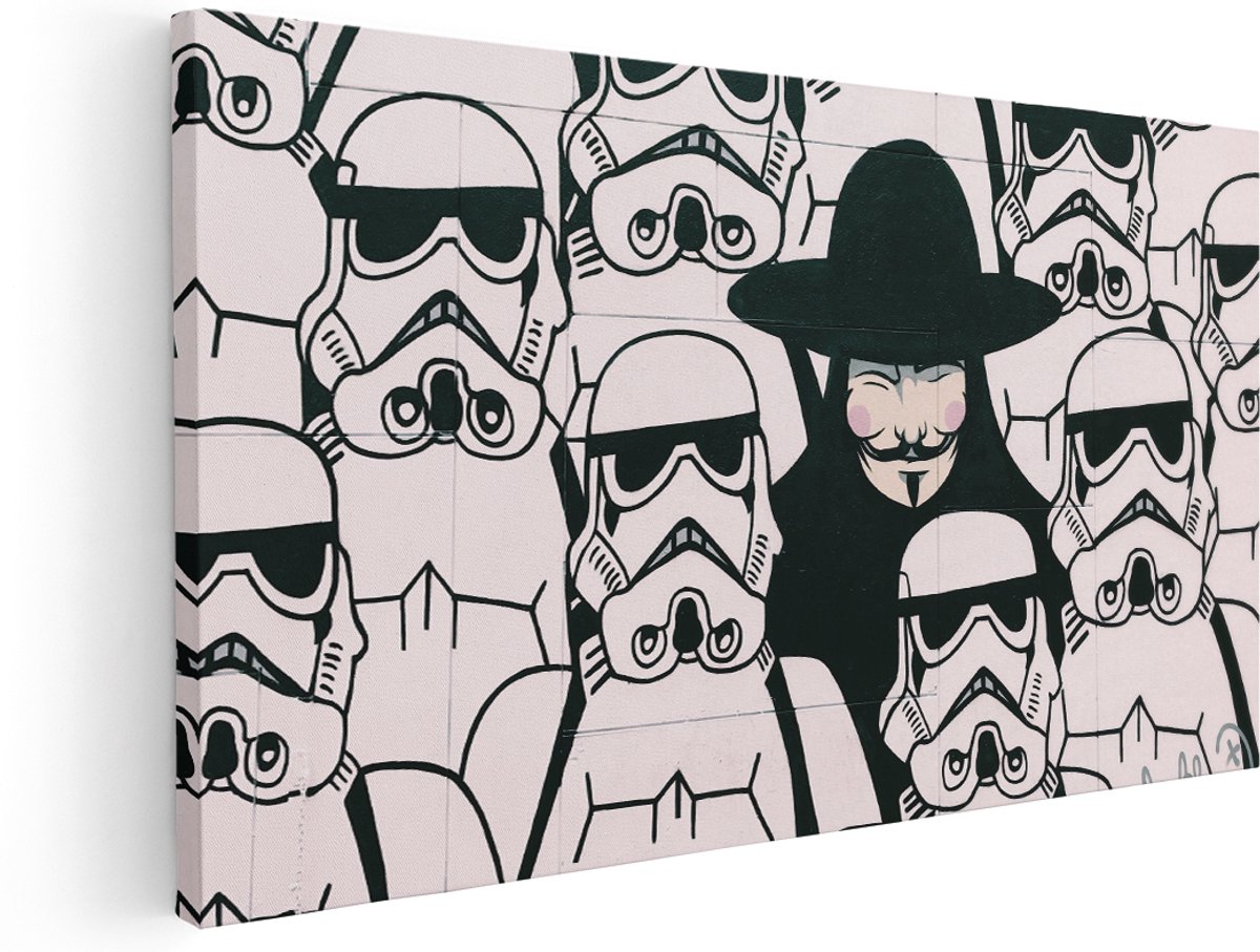 Artaza Canvas Schilderij V For Vendetta - 180x90 cm - Groot - Wanddecoratie Graffiti Kunst - Muurdecoratie Star Wars - Zwart Wit