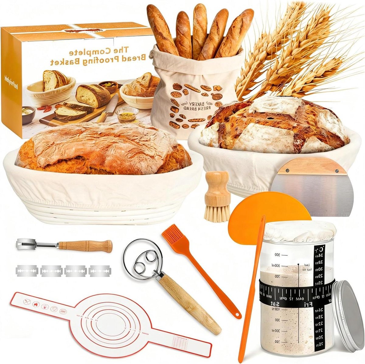 Broodbak Set - Zuurdesem Starter - Zelf Brood Bakken - Compleet met Hulpmiddelen - 2 Manden 900ml - Natuurlijk