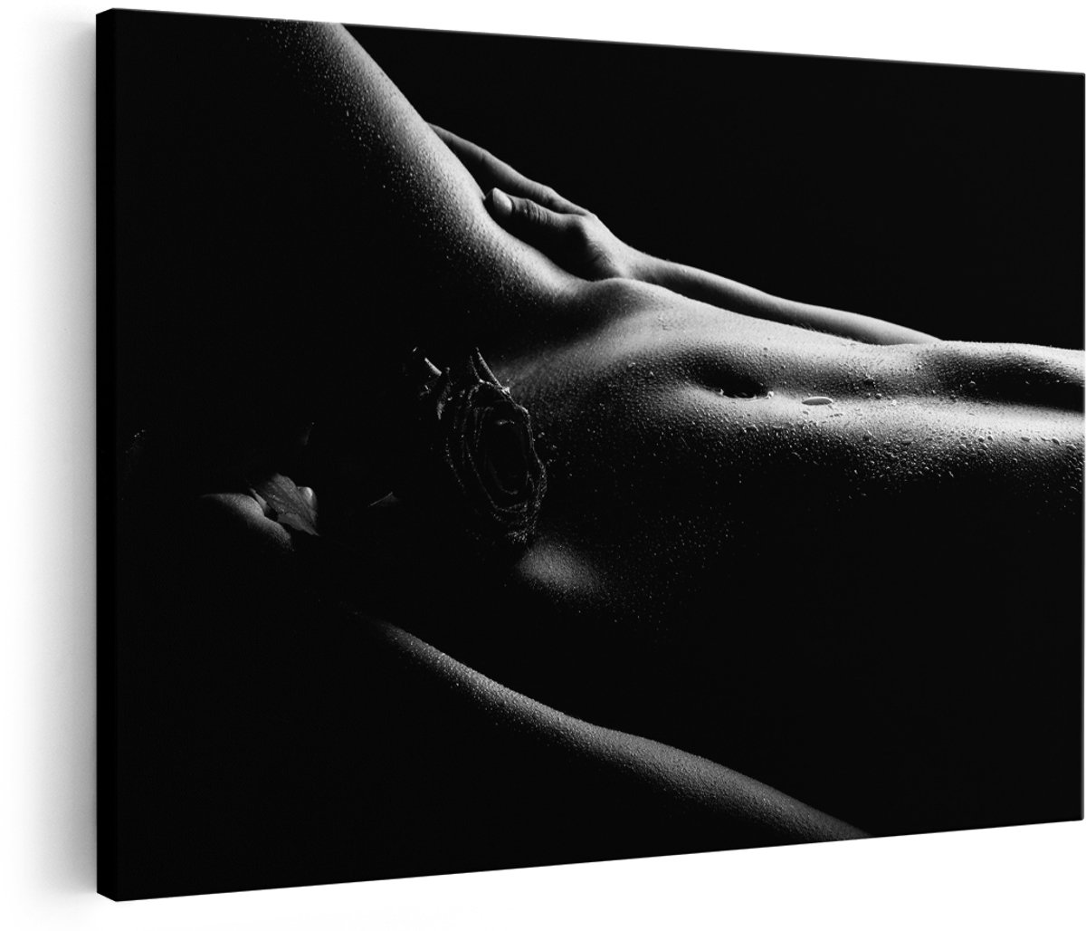 Artaza Canvas Schilderij Naakte Vrouwenlichaam met een Rode Roos - Erotiek - Zwart Wit - 180x120 cm - Groot - Foto Op Canvas - Wanddecoratie