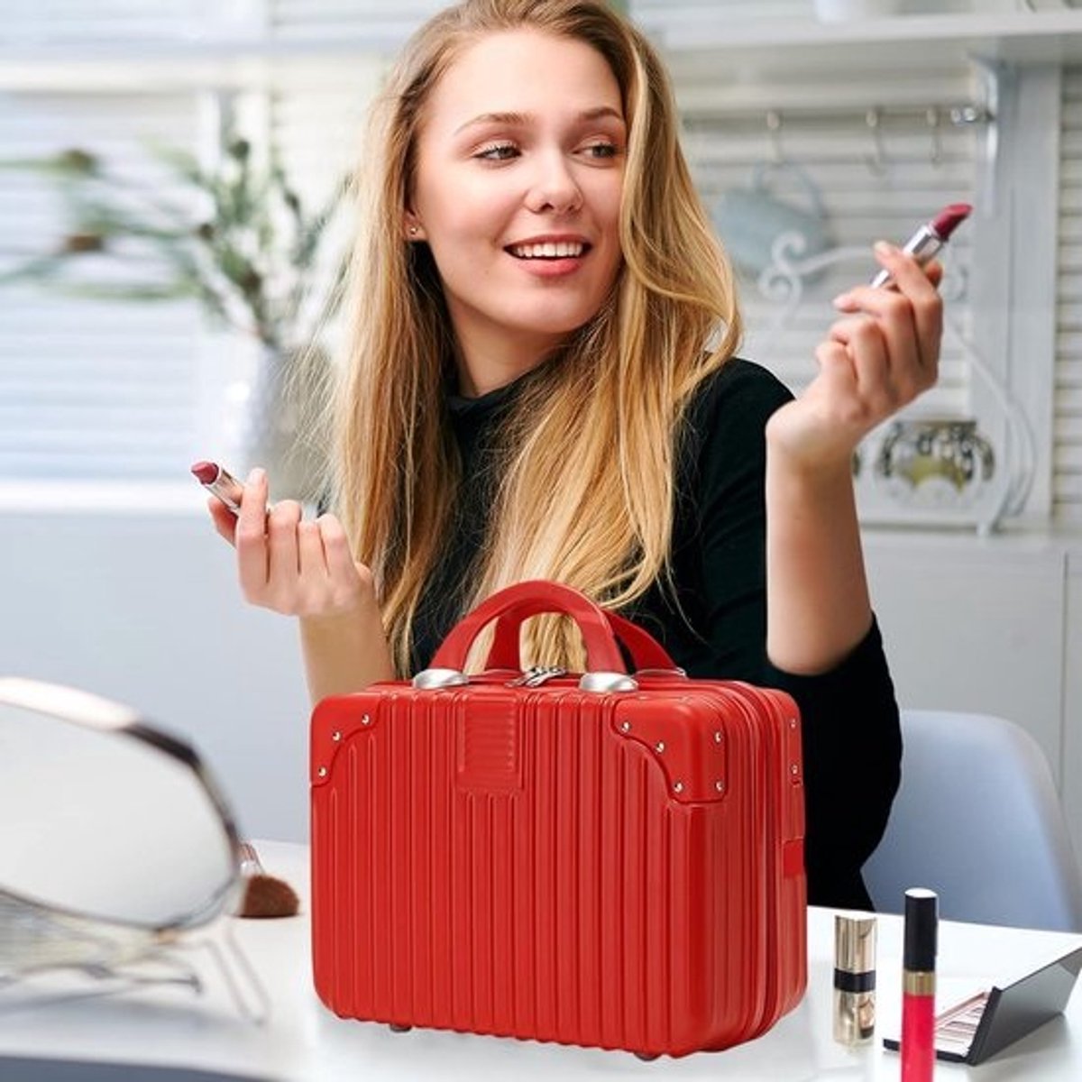 Waterdichte Hard Shell Make-up Reiskoffer - Grote Capaciteit Cosmetica Trolley Tas met Elastiek