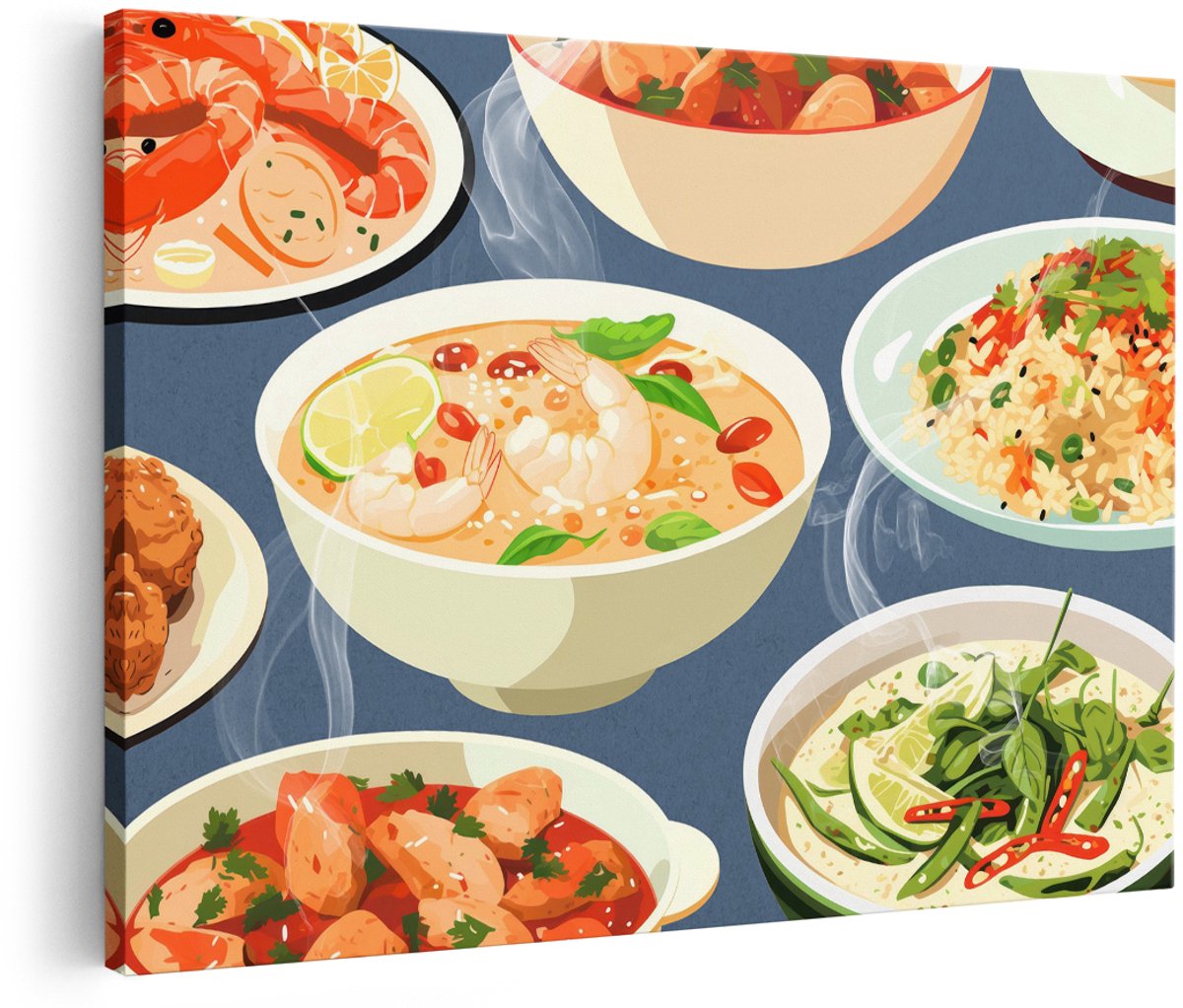 Artaza Canvas Schilderij Thaise Gerechten - 180x120 cm - Groot - Wanddecoratie Keuken - Muurdecoratie Garnalen - Decoratie Aziatisch Eten - Schilderijen Op Canvas