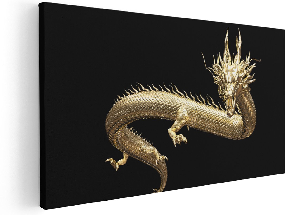 Artaza Canvas Schilderij Gouden Draak - 180x90 cm - Groot - Wanddecoratie Woonkamer - Schilderijen - Muurdecoratie