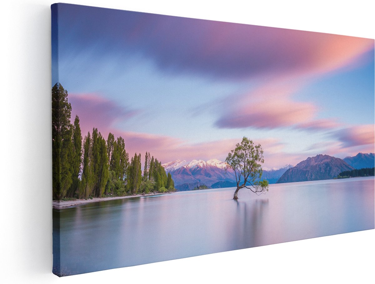 Artaza Canvas Schilderij Wanaka Boom In Het Water Bij Zonsopgang - 180x90 cm - Groot - Wanddecoratie Woonkamer - Schilderijen - Muurdecoratie