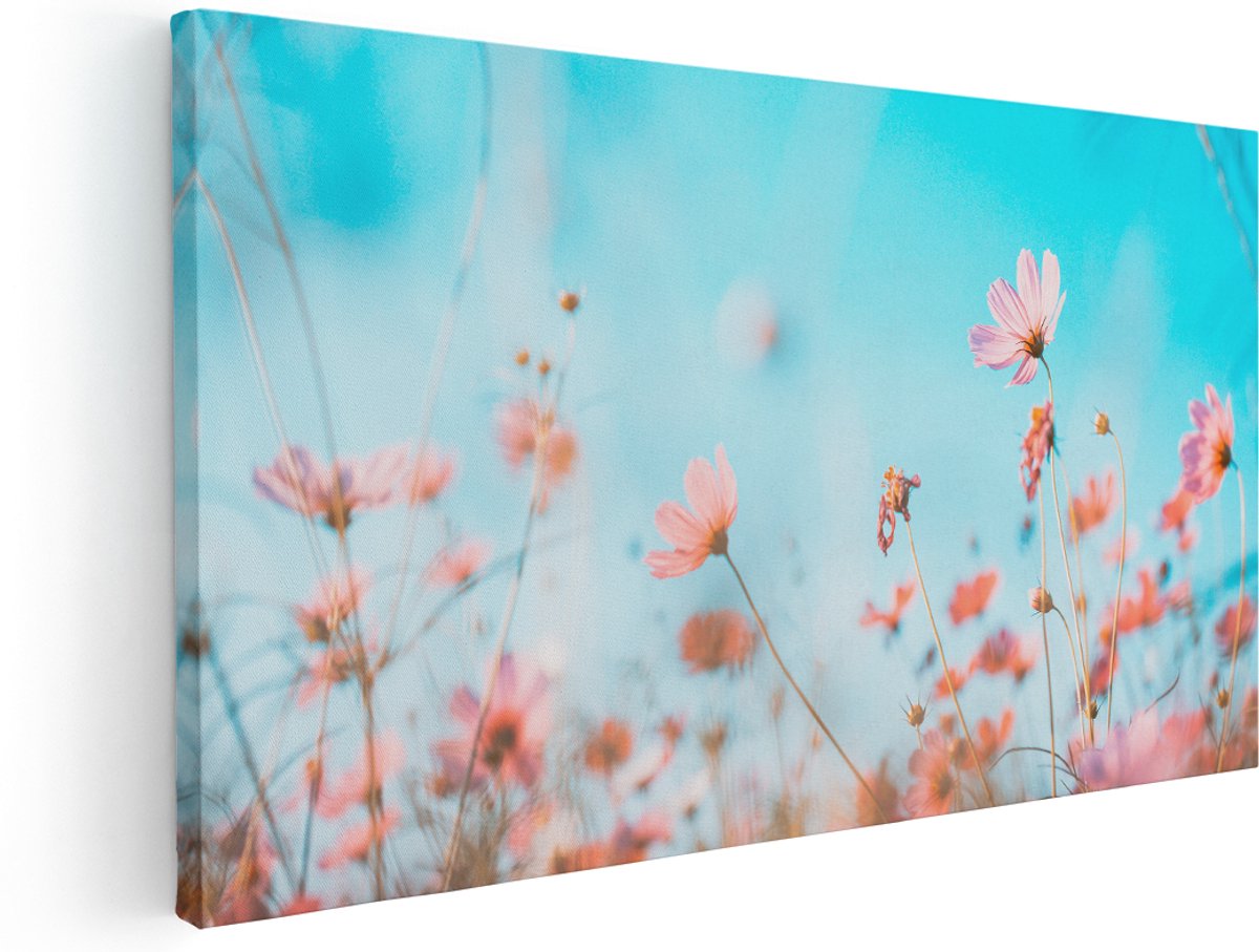 Artaza Canvas Schilderij Paarse Kosmos Bloemen - 180x90 cm - Groot - Wanddecoratie Woonkamer - Schilderijen - Muurdecoratie