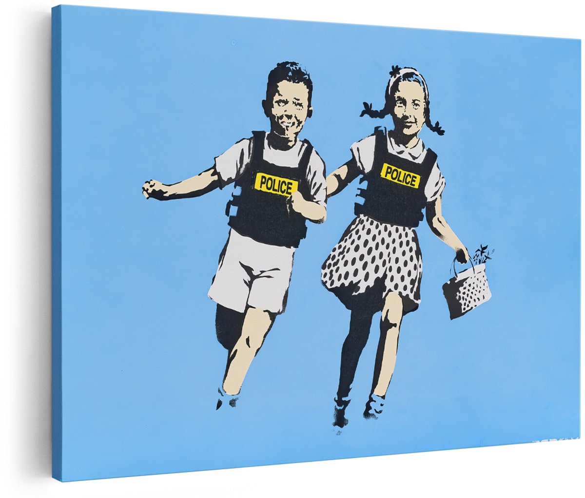 Artaza Canvas Schilderij Banksy Police Kids - 180x120 cm - Groot - Wanddecoratie Street Art - Muurdecoratie Graffiti - Decoratie Kinderen - Blauw