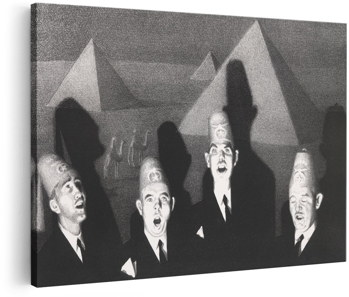 Artaza Canvas Schilderij Zingende Mannen - 180x120 cm - Groot - Zwart Wit Wanddecoratie - Muurdecoratie Piramides - Vintage Decoratie Egypte