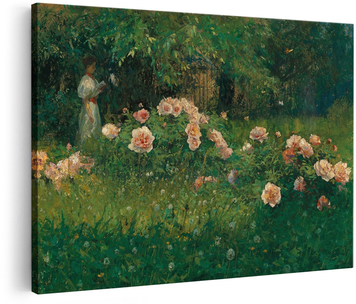 Artaza Canvas Schilderij Pioenrozen Tuin - 180x120 cm - Groot - Wanddecoratie Bloemen - Muurdecoratie Vrouw In Tuin - Decoratie Roze Bloesem