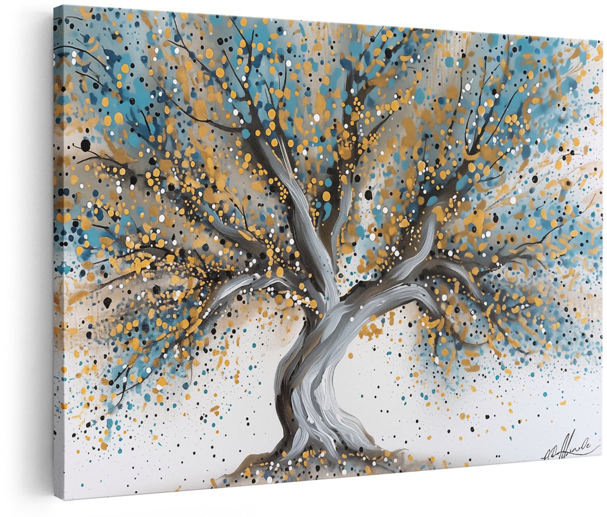 Artaza Canvas Schilderij Abstract Kunstwerk van een Boom in Blauw en Geel - 180x120 cm - Groot - Wanddecoratie Woonkamer - Schilderijen - Muurdecoratie