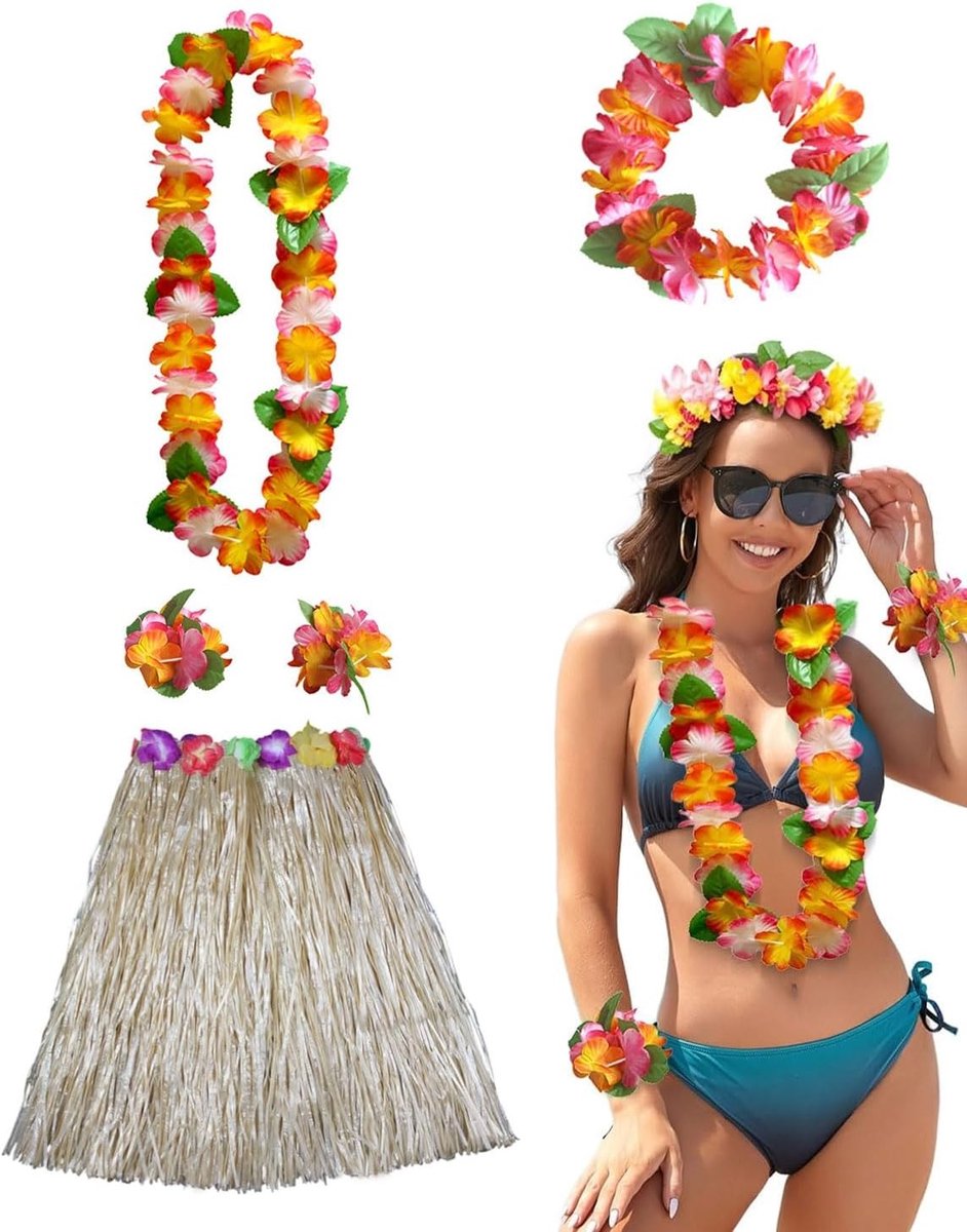 Hawaï-thema kostuum voor dames met strorok, halsketting, armband en slinger voor strandfeesten en carnaval