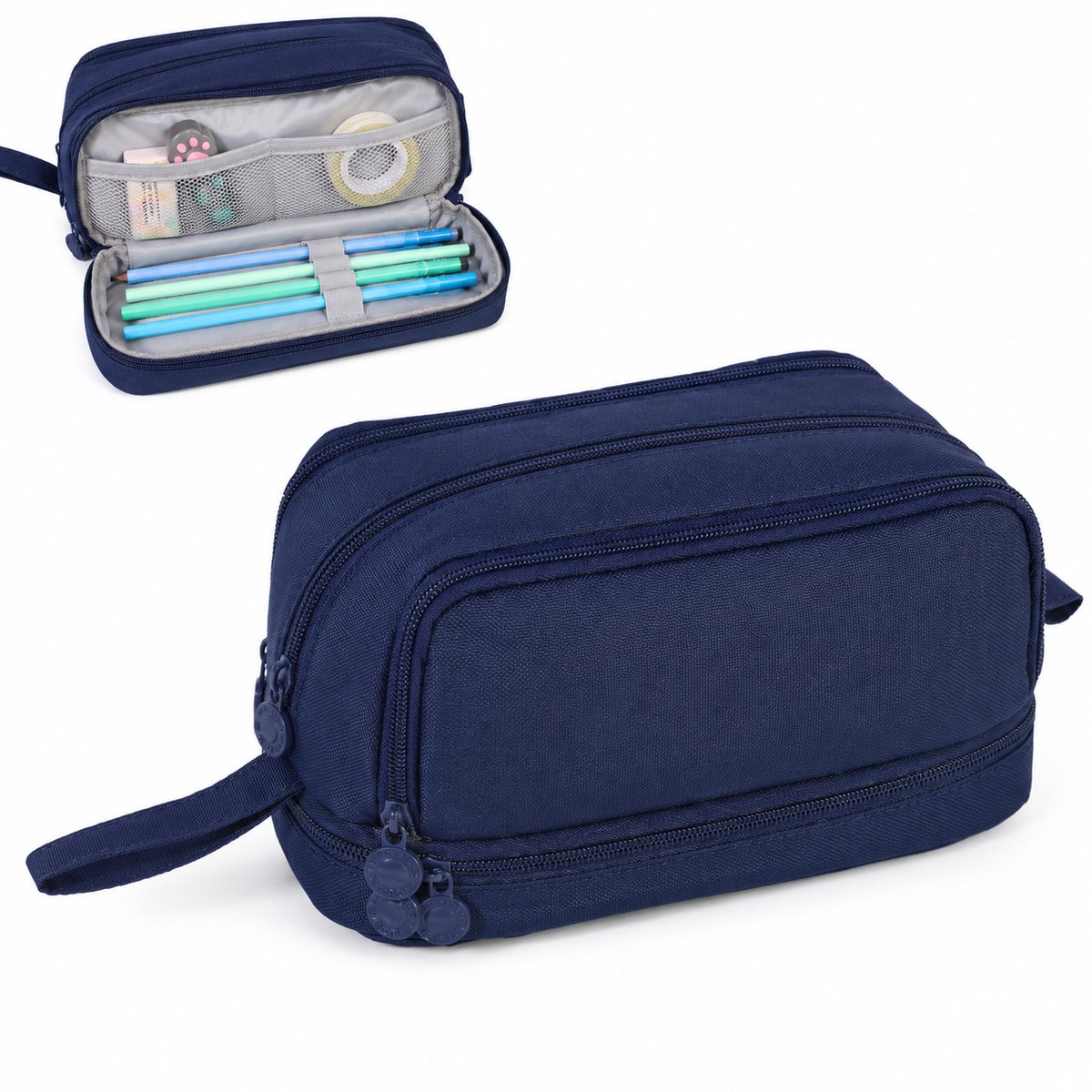 VHV - Etui 3 Vakken - 22x9.5x10 cm - Grote Capaciteit Pennenetui - Draagbaar Pencil case -Voor School Examen, Kantoor -Diepblauw