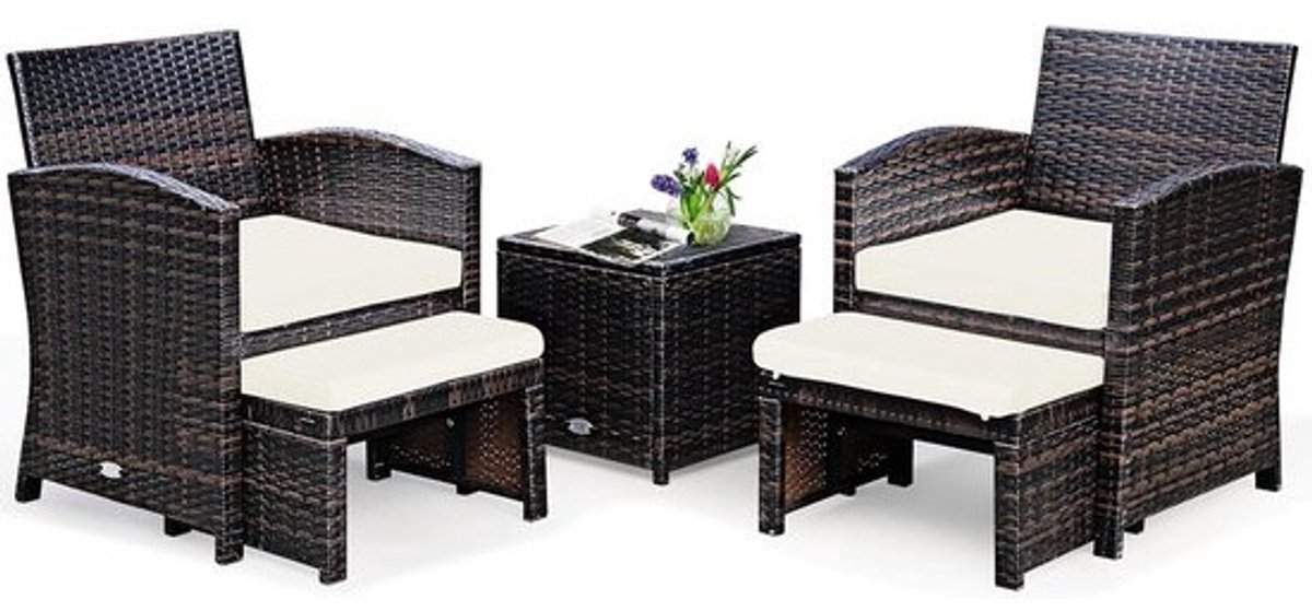 5-Delige Rotan Loungeset voor Balkon en Tuin – Inclusief 2 Stoelen, 2 Voetenbanken en Salontafel