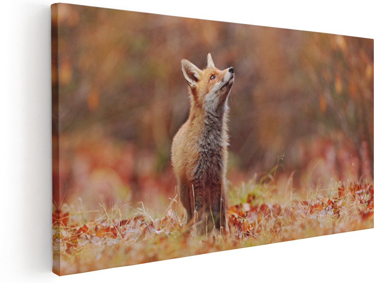 Artaza Canvas Schilderij Vos in het Bos tussen de Bladeren - 180x90 cm - Groot - Wanddecoratie Woonkamer - Schilderijen - Muurdecoratie