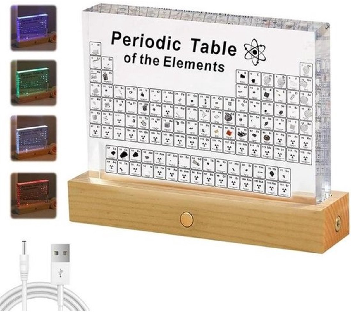 Periodiek Systeem met Echte Elementen in Acryl Display met Kleurrijke LED Verlichting