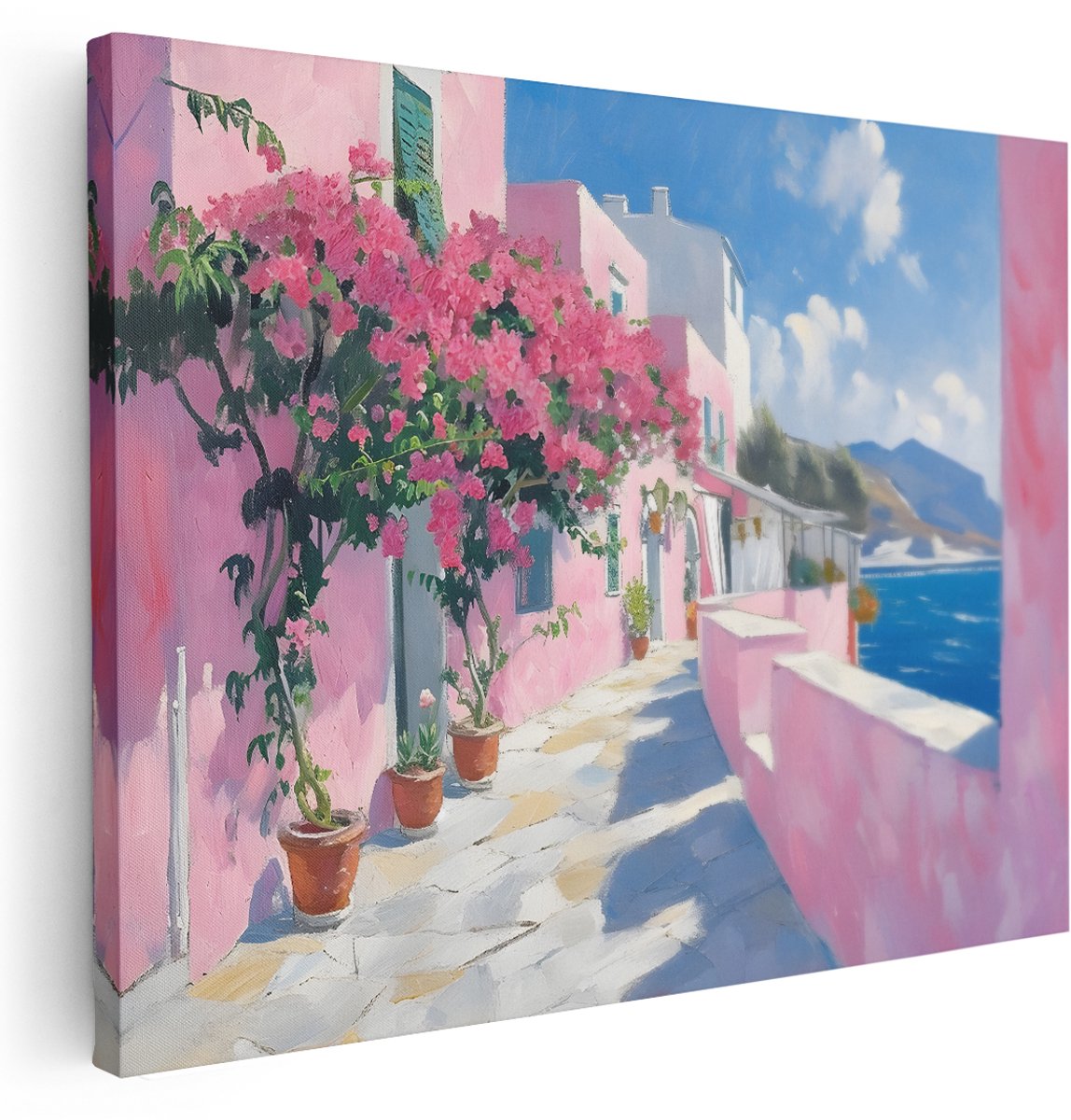 Artaza Canvas Schilderij Mediterrane Straat - 160x120 cm - Groot - Wanddecoratie Griekenland - Muurdecoratie Roze Huizen - Schilderijen Op Canvas Zeezicht