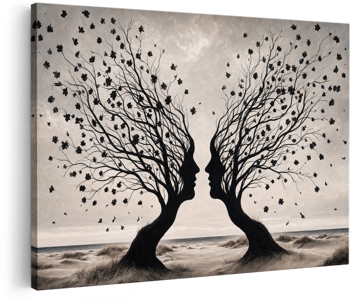 Artaza Canvas Schilderij Abstracte Gezichten Met Bomen - Zwart Wit Natuur - 150x100 cm - Groot - Wanddecoratie Woonkamer - Schilderijen - Muurdecoratie