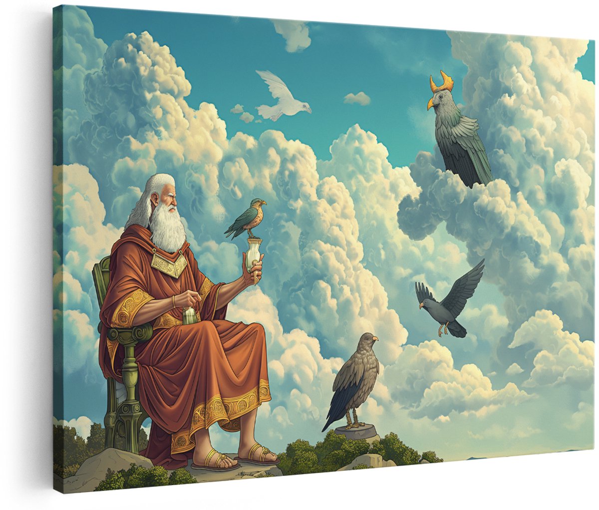 Artaza Canvas Schilderij Griekse God - 150x100 cm - Groot - Wanddecoratie Vogels - Muurdecoratie Mythologie - Decoratie Wolken Hemel