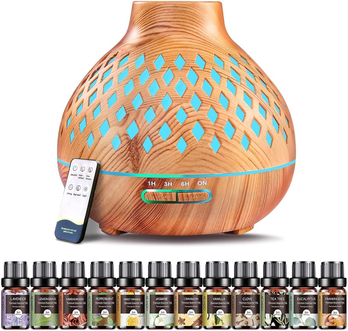 SnelShoppen - 550ml Aroma Diffuser met 12 x 5ml Etherische Olie Set, Ultrasonic Luchtbevochtiger met 7 Kleuren LED Lichten, Automatische Uitschakeling