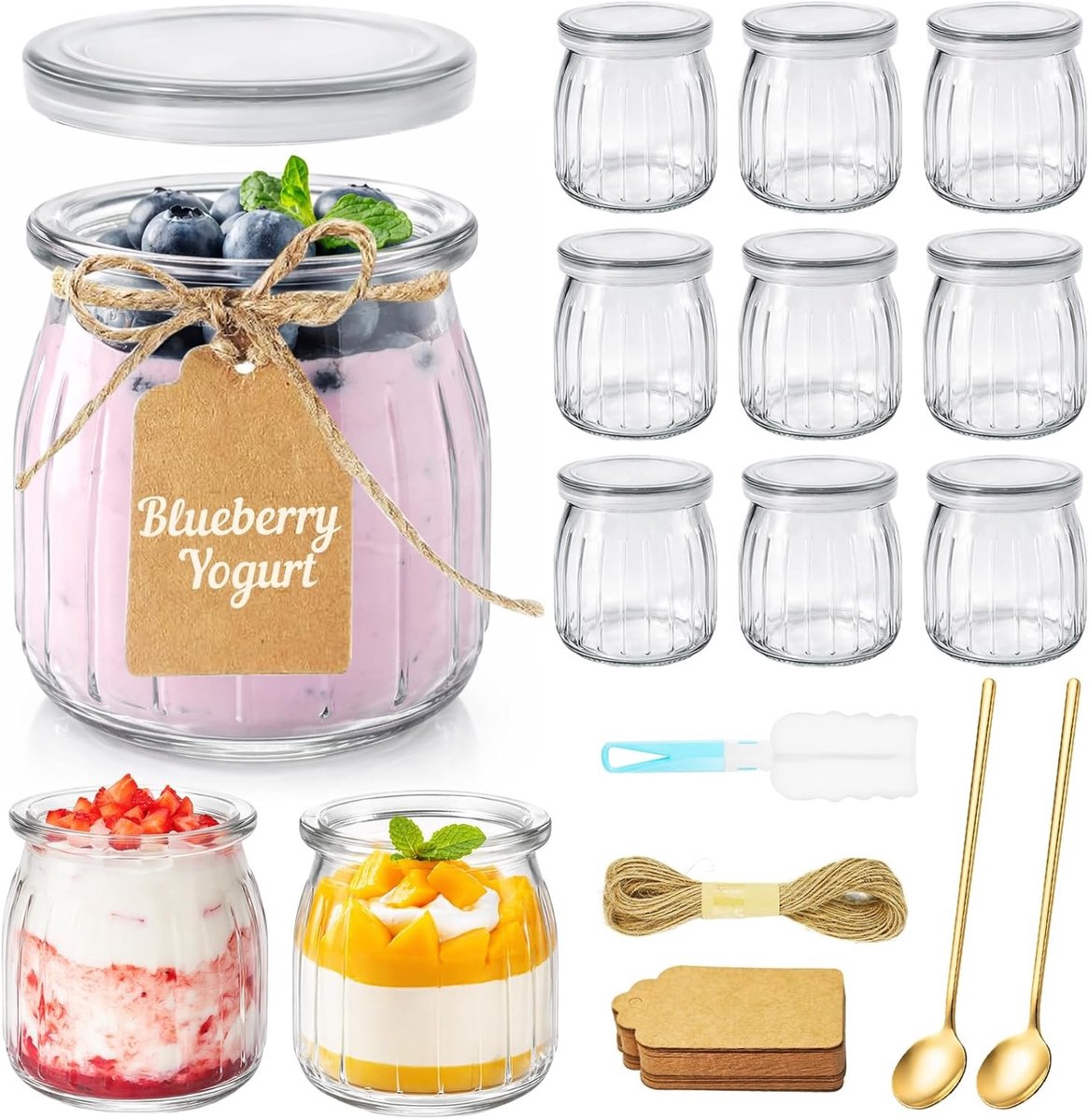 Set van 12 heldere 200ml yoghurtglazen met deksel en spoel, multifunctionele dessertglazen voor marmelade en honing, inclusief labels en borstel