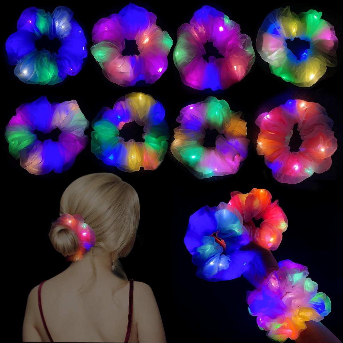 Dailygoods- Haarelastiekjes 8 stuks - Lichtgevend - Elastisch - Organza - Scrunchie - Comfortabel materiaal - Haarband