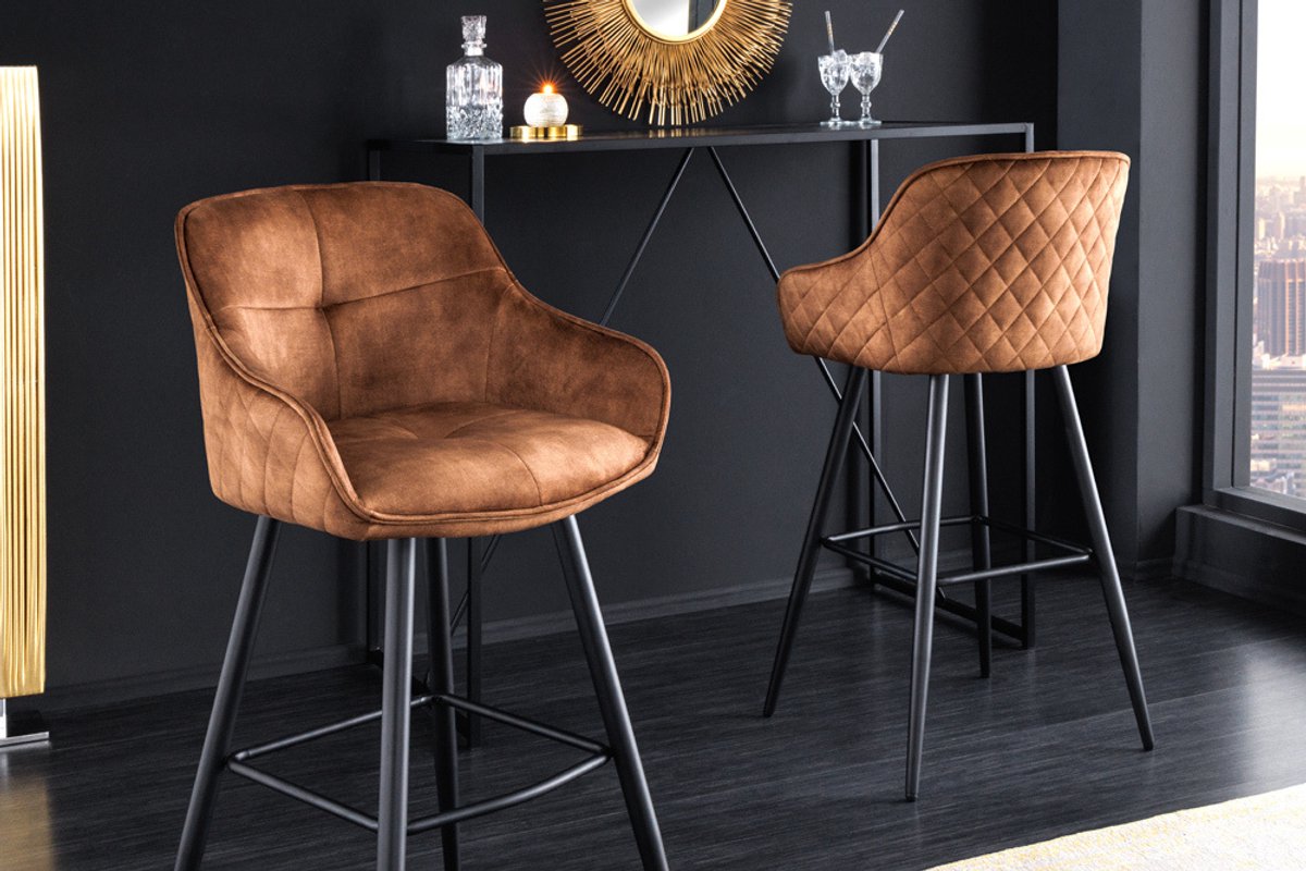 Design barkruk EUPHORIA bruin fluweel zwart metalen poten barstoel met rugleuning - 43689