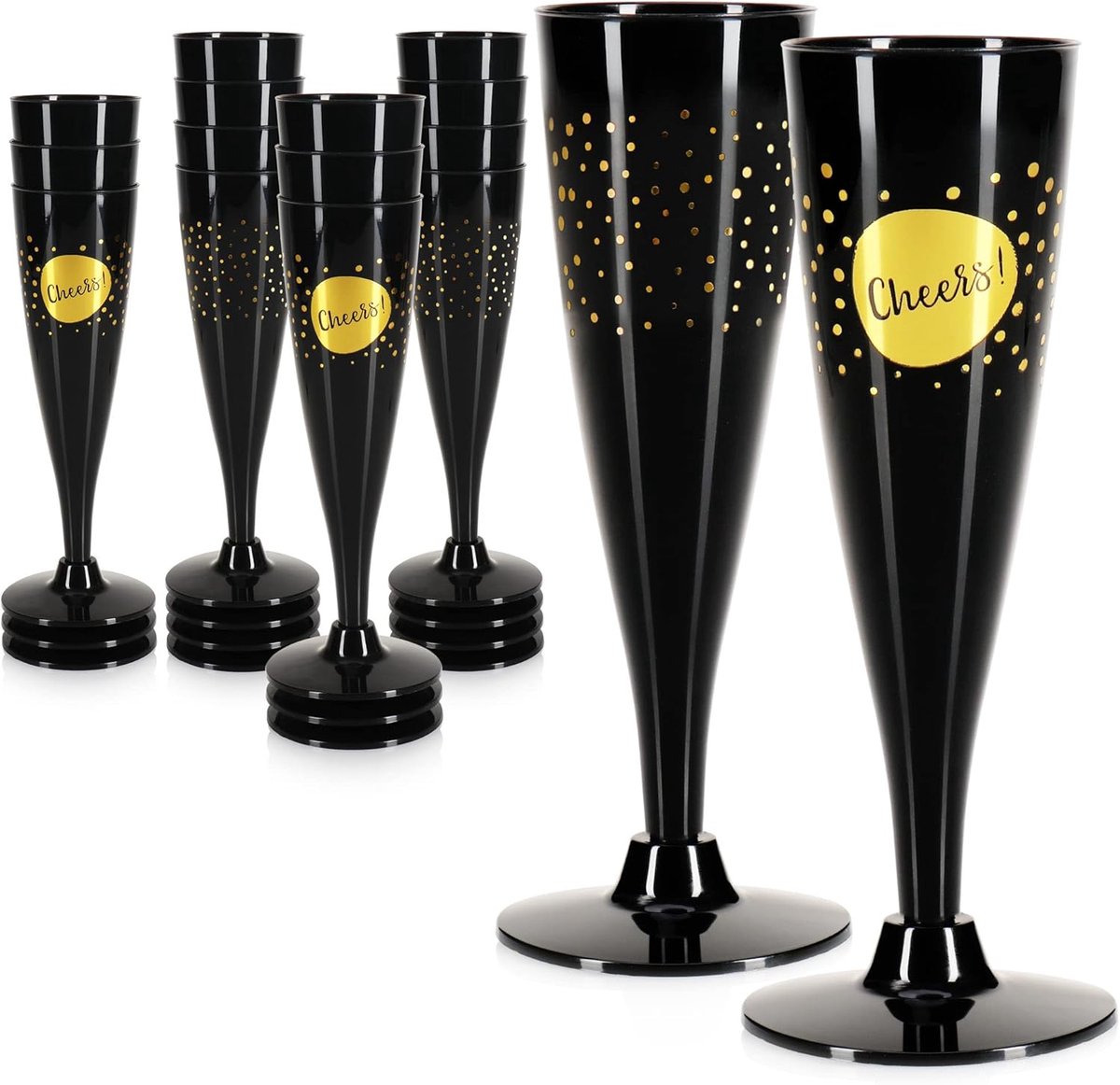 Thijox - 16x Herbruikbare Champagneglazen - Zwarte Stapelbare Plastic Glazen voor Feestjes, Camping en Onderweg, Vaatwasmachinebestendig