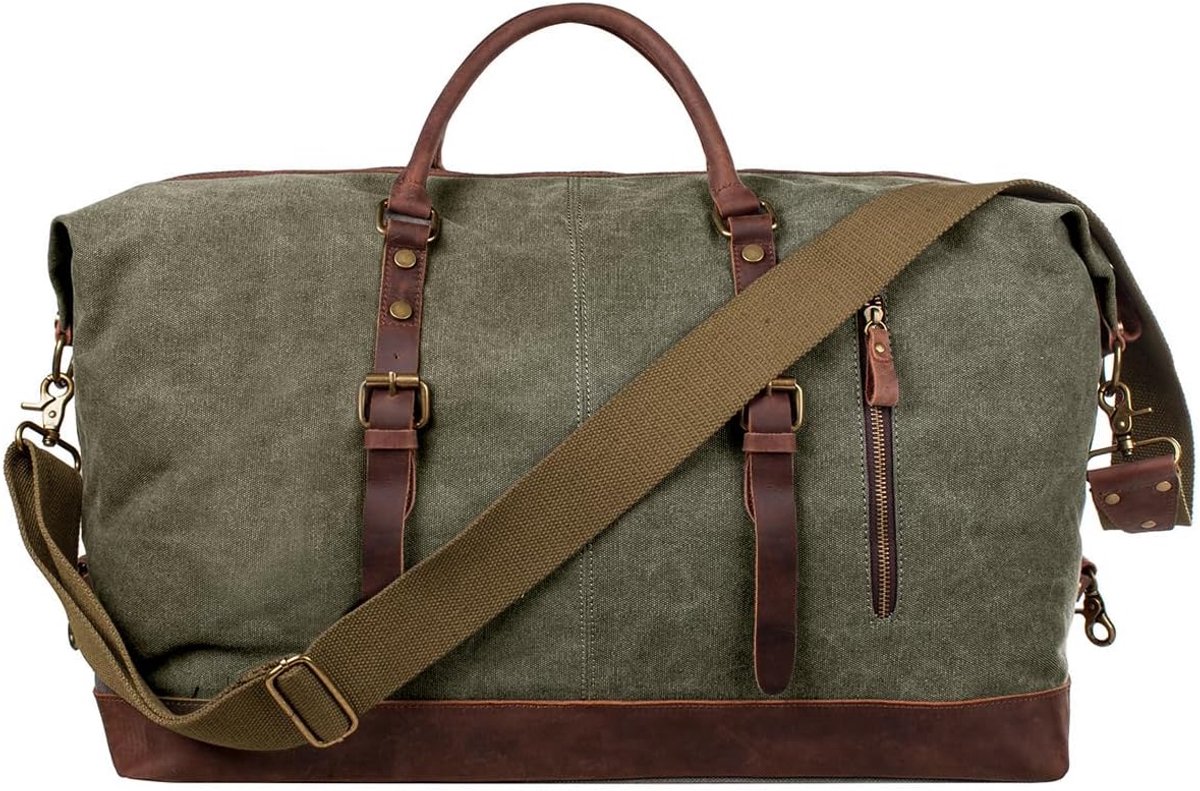 Thijox - Vintage Canvas Weekendtas 52-55L Unisex Sporttas met Crazy Horse Leer Trim - Ruime Reistas voor Reizen, Vakantie en Weekenduitjes
