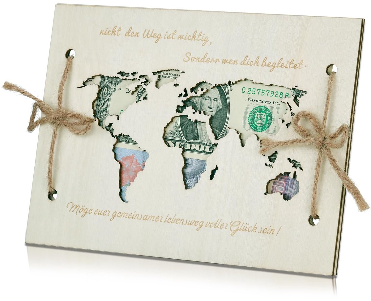 Dailygoods- Geldcadeau Gepersonaliseerd - Huwelijkscadeau - Wereldkaart - Bruiloftskaart - Creatieve Geldgeschenkverpakking - Hoogwaardig Hout