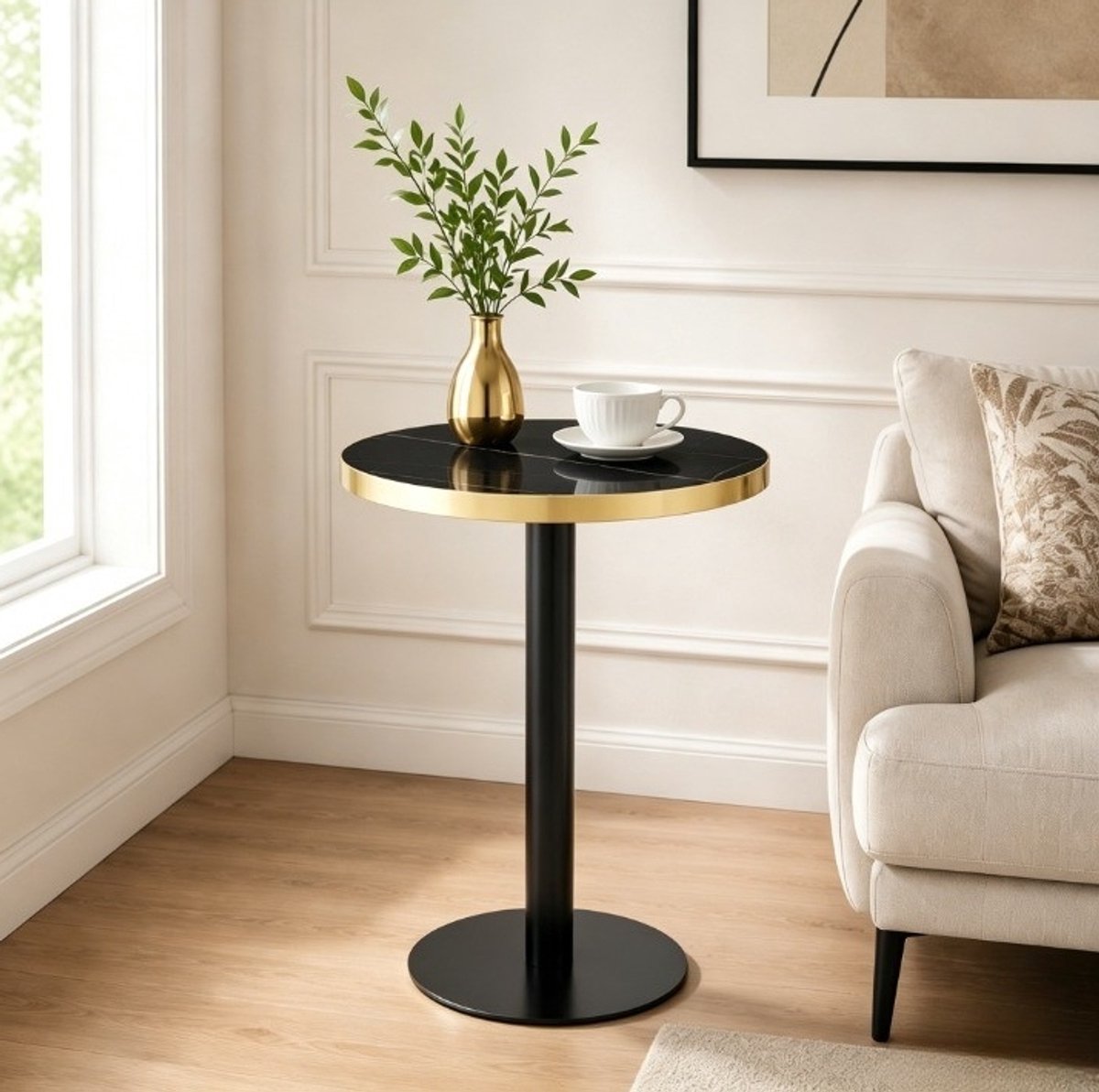 MIVRAY Bijzettafel - Ronde Tafel Met Marmerlook En Gouden Rand - Voor Woonkamer Slaapkamer Of Balkon - MDF En Metaal - Zwart - 60x73,7 Cm