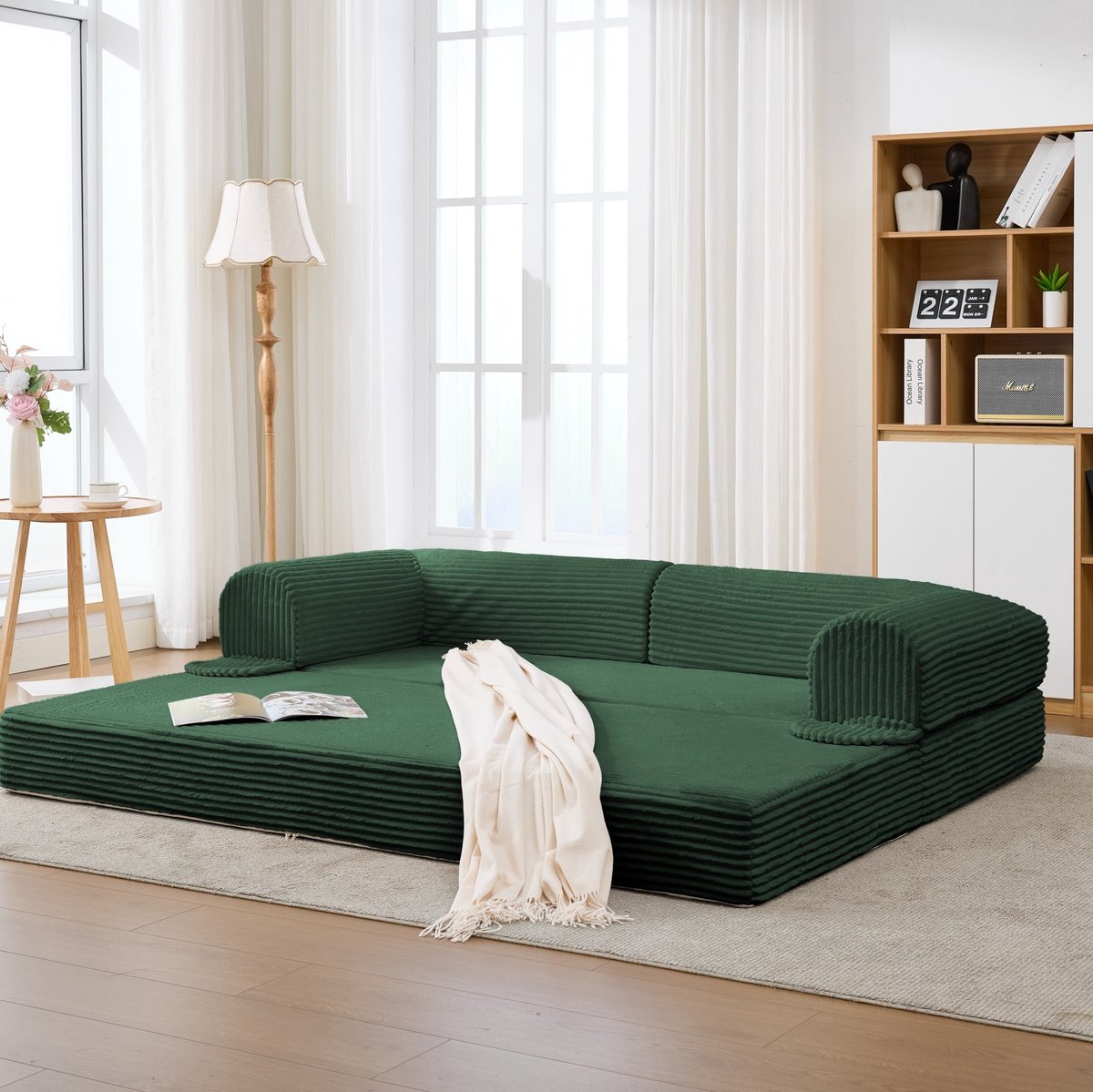 FloraGrace Slaapbank 190 x 78 x 65 cm – 2-Zits Omvormbaar Tot Tweepersoonsbed – Ruimtebesparend Voor Woonkamer Of Logeerkamer – Geribde Stof – Groen
