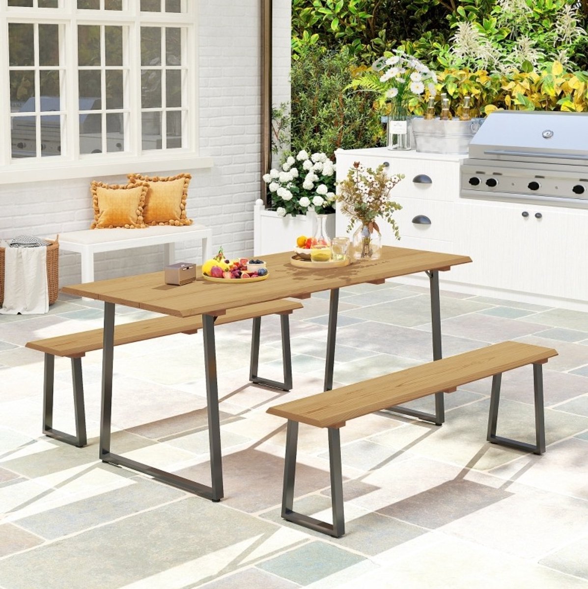 MEUNIQ 3-delige tuinset met picknicktafel en 2 banken voor 6 personen, 178 x 76 x 77 cm, m