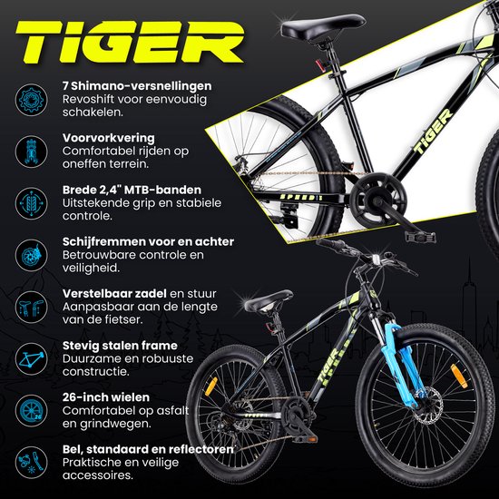 Zwarte TIGER MTB-fiets met blauwe voorvork, derailleur, schijfremmen, 7 versnellingen en 26-inch wielen.