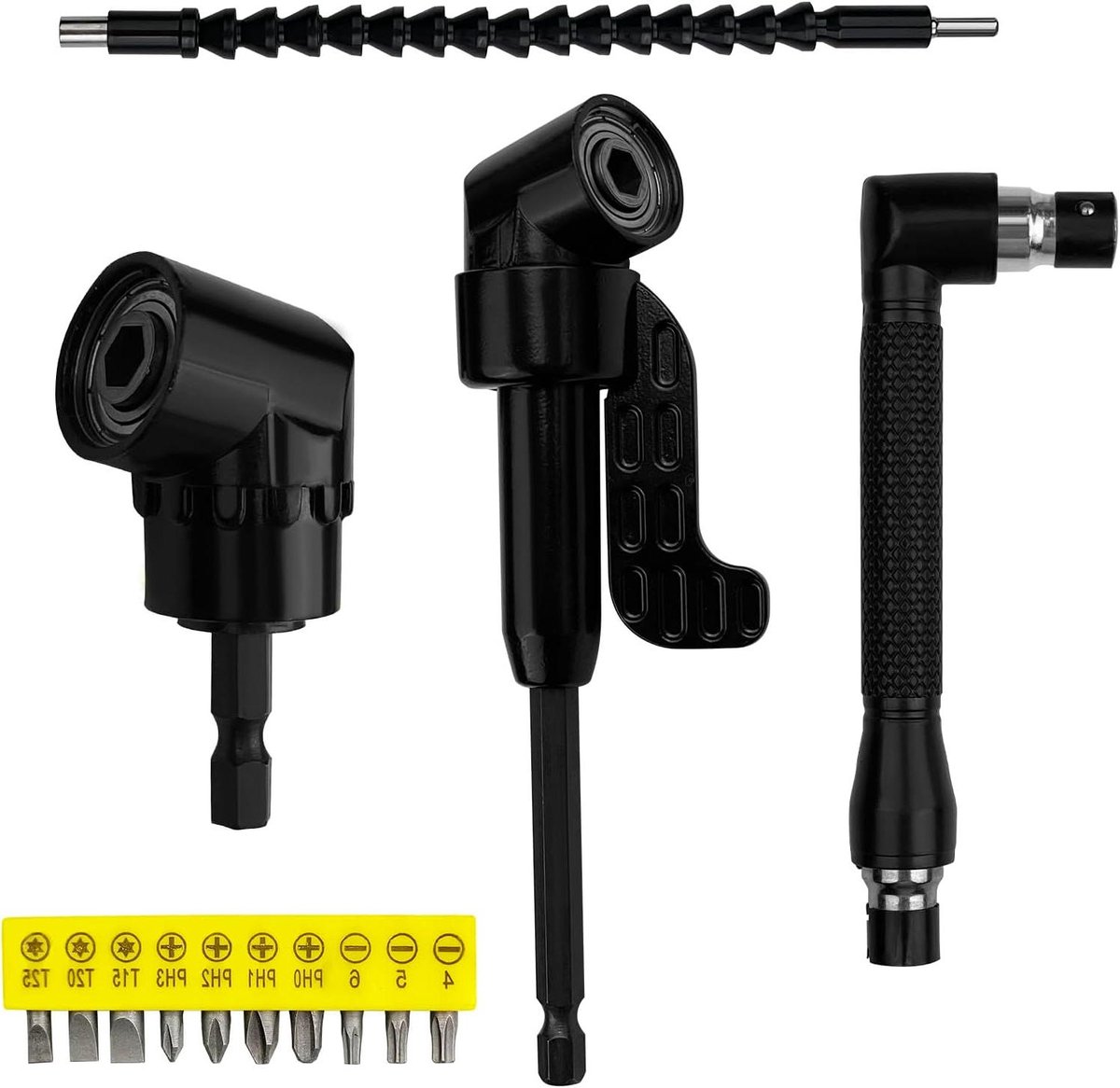 Boorhouderset met adapter - Haakse schroevendraaier - Moeilijke plekken bereiken - 105 graden hoek - 14 stuks - Zwart