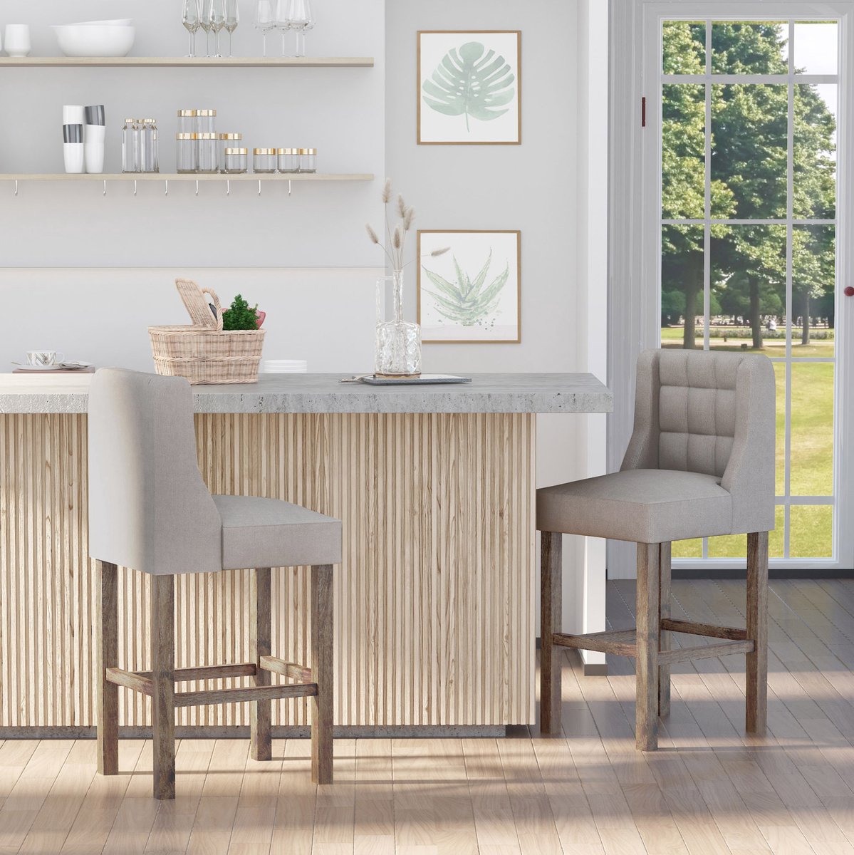 MEUNIQ set van 2 barkrukken met rugleuning en voetensteun 47 x 50 x 101 cm, gestoffeerde zitting met knoopdetails, houten onderstel voor keukenbar of huisbar, grijs naturel