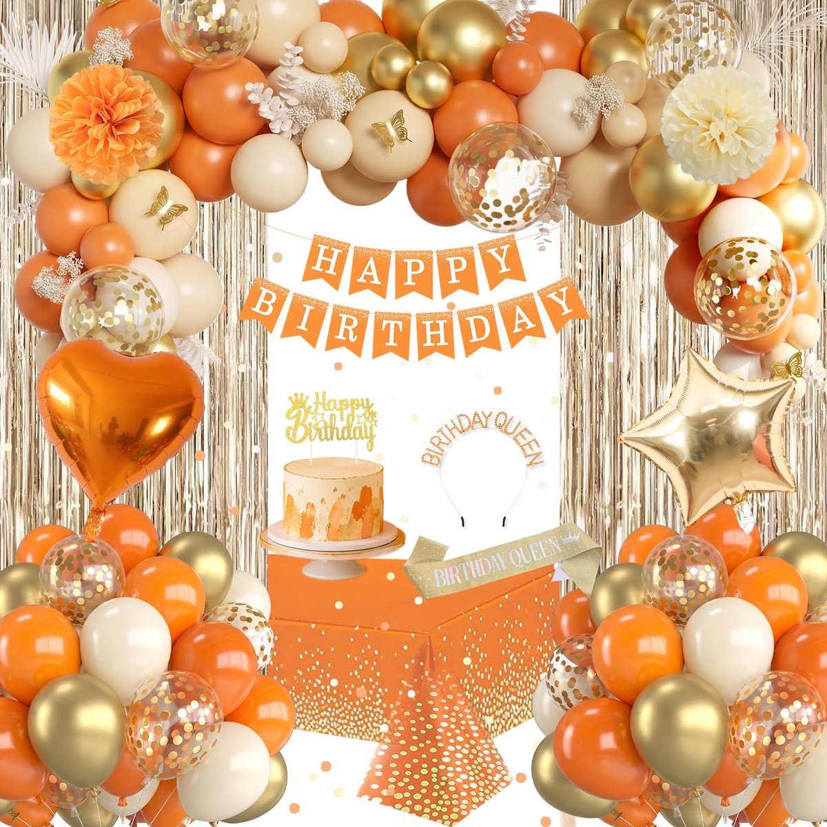 verjaardagsdecoraties, premium herbruikbare oranje en gouden feestdecoratieset - Happy Birthday-banner, latex ballonnen, gordijn met franjes, tafelkleed, sjerp, kroon, pompons voor