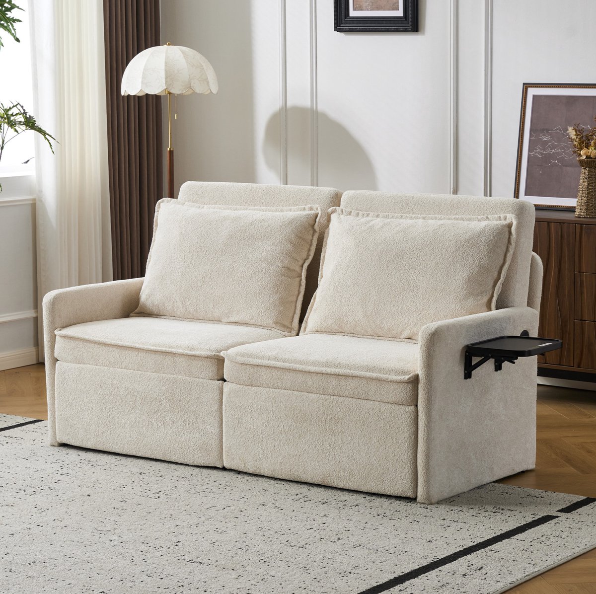 FloraGrace Slaapbank – 2-Zits 172,5 Cm – Met Slaapfunctie, 5-Standen Verstelbare Rugleuning, USB En Opbergvakken – Chenille – Beige
