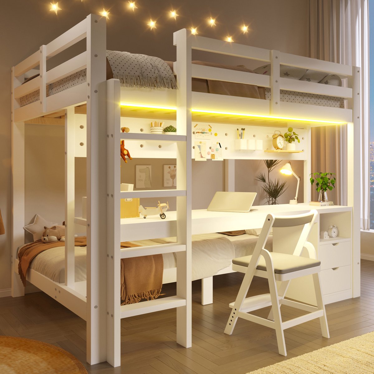 STILVORA Hoogslaper 140x200 cm en 90x200 cm – Met Bureau, Lades en Pegboard – Met LED-Verlichting – Zonder Matras – Voor Kinderkamer – Hout – Wit