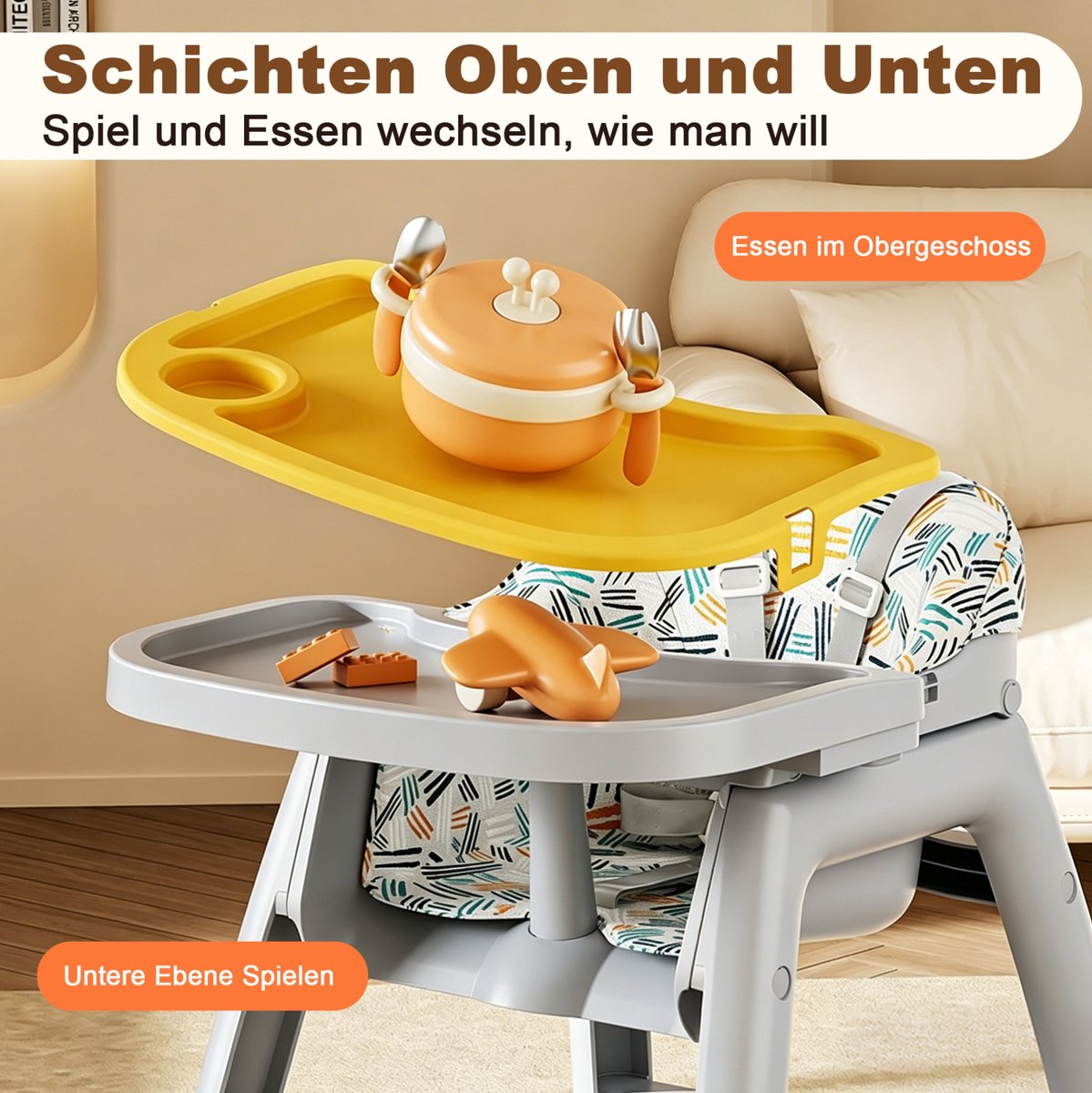 STILVORA Kinderstoel – 3 Verwisselbare PP Eetbladen – 59 x 76 x 96 cm – Polypropyleen – Grijs – Met Wielen, Opbergmand En Eetblad