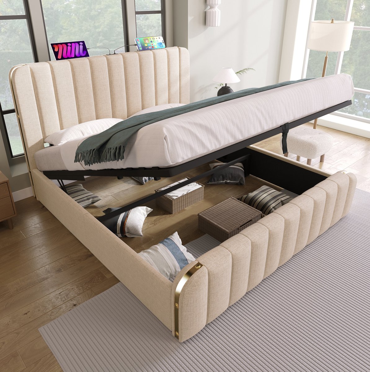 FloraGrace Gestoffeerd Bed 180x200 cm - Met USB En Type-C Oplaadpunt - Hydraulische Opbergruimte - Tweepersoons - Stof - Beige - Met Matras