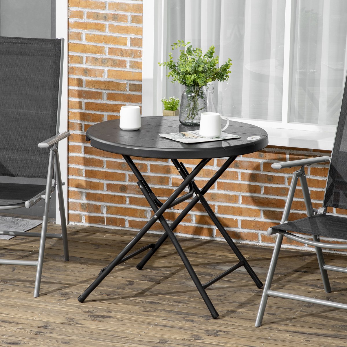MIVRAY Tuintafel - Ronde Opklapbare Eettafel Voor 4 Personen - Voor Balkon Tuin En Terras - HDPE Houtlook En Staal - Donkergrijs Ø80 Cm