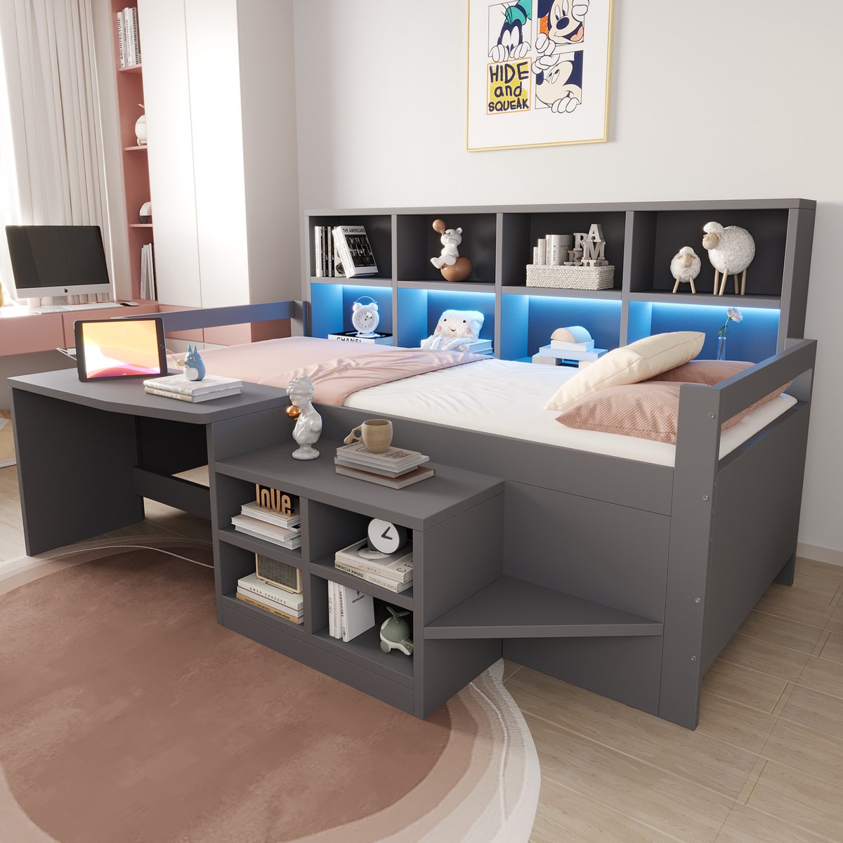 MIVRAY Kinderbed 90x200 cm Zonder Matras - Met Bureau, USB Aansluitingen en Ledverlichting - Met Opbergruimte - Hout - Grijs