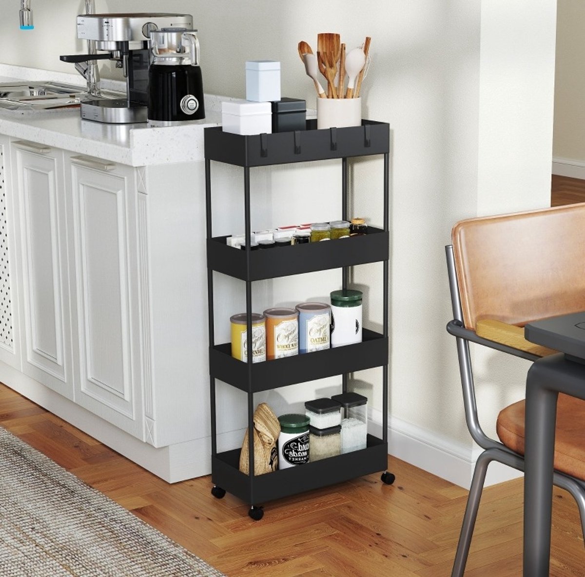 MEUNIQ keukentrolley met 4 niveaus en wielen, smalle opbergwagen met 4 afneembare haken en 2 remmen, open opbergrek voor keuken of badkamer, zwart, 40 x 19 x 90 cm