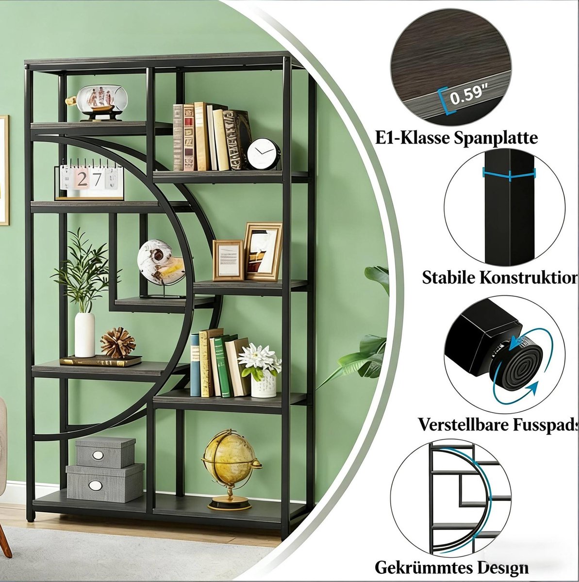 HAUSS SPOLE Boekenkast - Geometrisch Open Rek Met 9 Vakken - Vrijstaand Voor Woonkamer En Werkkamer - Metaal En Hout - 95x30x174 Cm - Zwart