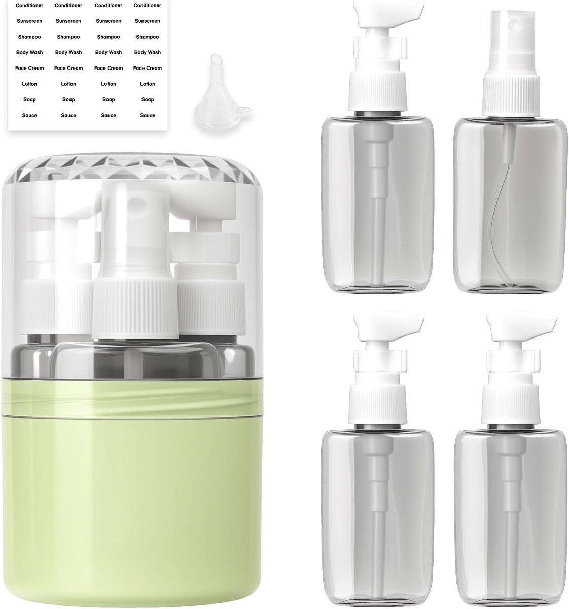Thijox - Donkere 4-in-1 Reisflessen 50 ml - Lekvrije Pompdispenser met Etiketstickers - Waterdichte Reisset voor Vliegtuig, Kantoor en Reizen - Stabie