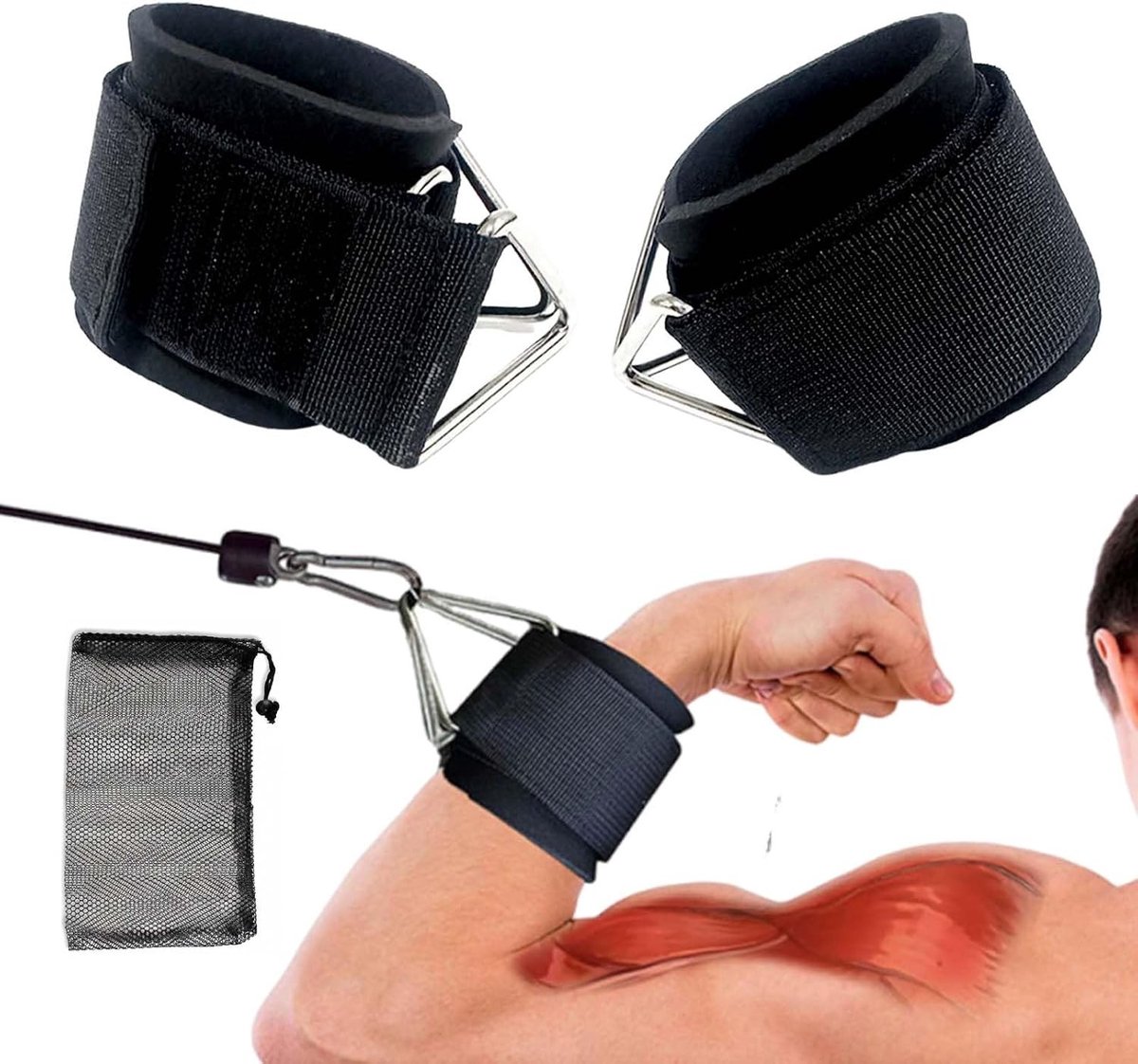 Enkelriemschijven voor gym en fitness, verstelbare riemen met D-ring, neopreen bekleding voor optimale grip en comfort