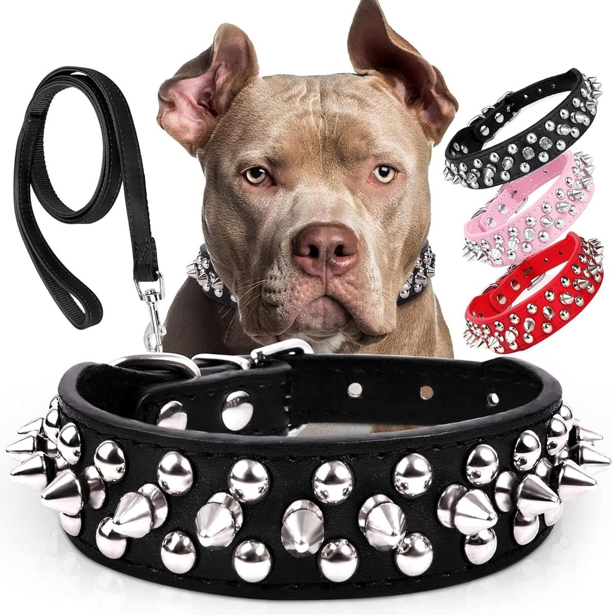 OLOEY Frienhund Set van halsband met spikes/studs en riem (1,2 m): Verstelbare halsband van PU-leer voor kleine honden en katten, robuust, metalen gesp, nekbescherming, punkstijl, zwart, maat S (26–33 cm)