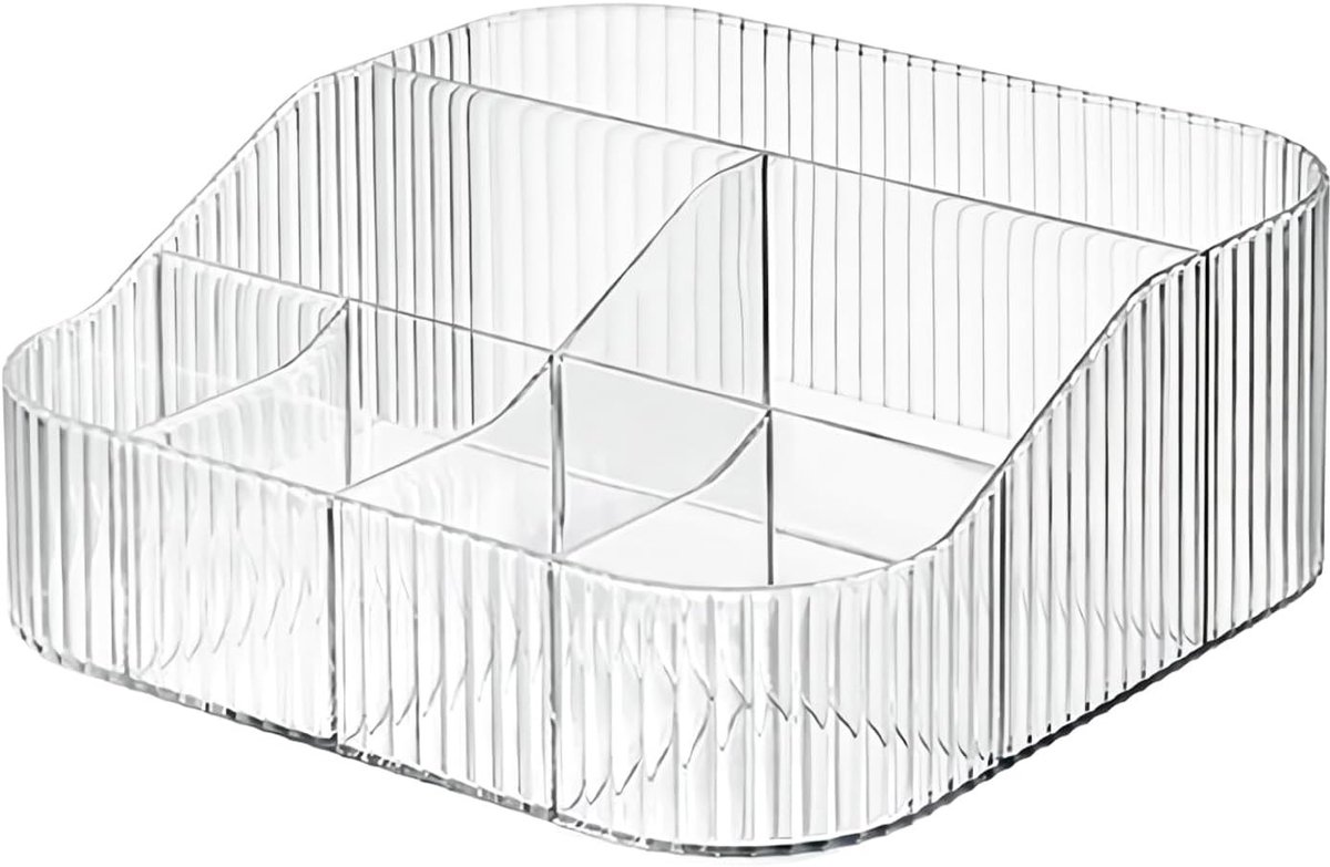 Grote make-up kwastenhouder met 6 vakken, vintage gestreepte make-up organizer voor toilettafel, badkamer en bureauopslag, transparant en XL formaat