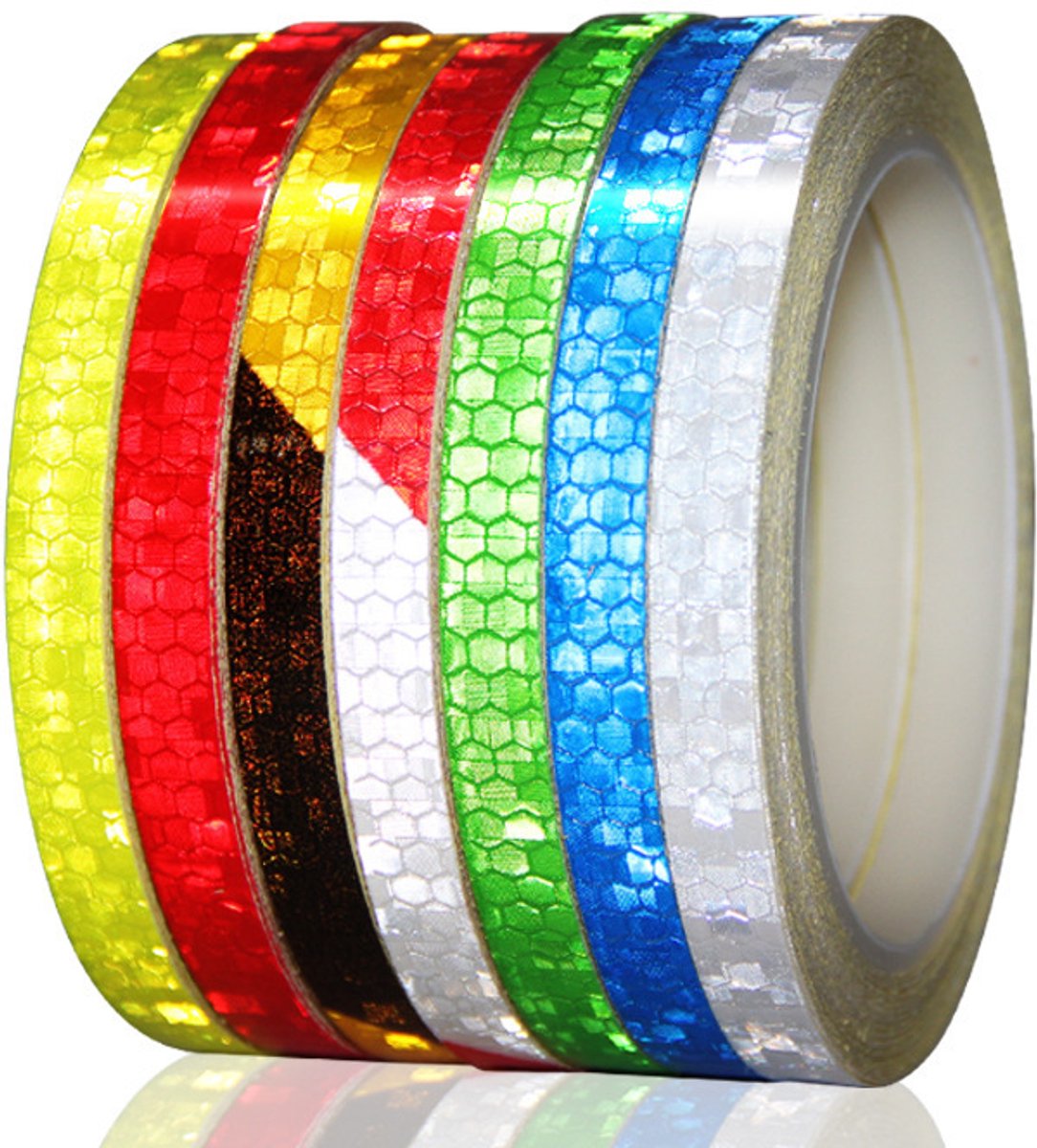 Set van 7 rollen zelfklevende reflecterende tape van 1 cm breed en 8 meter per rol – Waterdicht reflecterend plakband voor fietsen, rugzakken en kleding voor buitenveiligheid