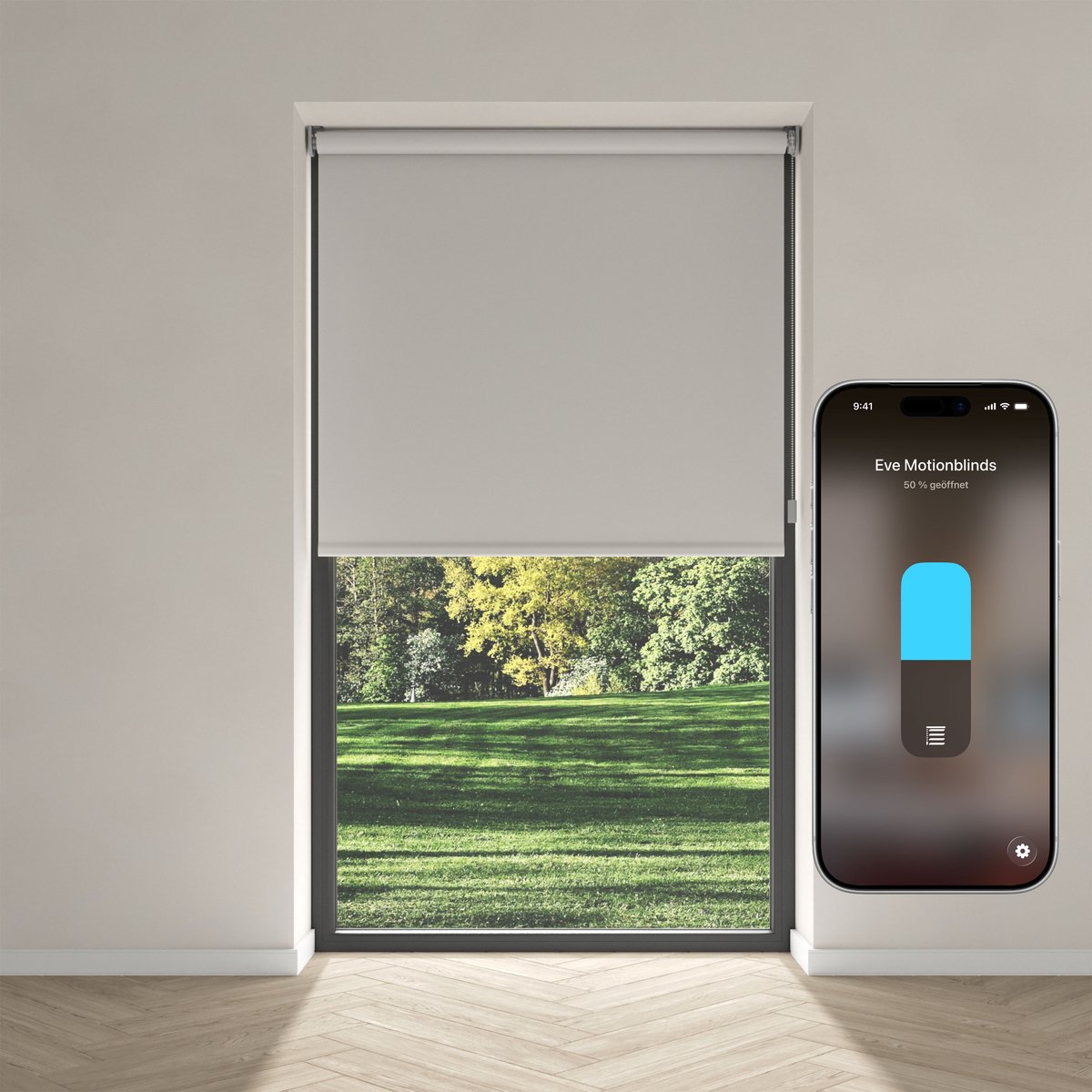 Eve Motionblinds (Matter) - Slim elektrisch rolgordijn voor binnen, app-/spraakbediening, schema's, verduisterend, oplaadbare accu, vrijhangend, schroefmontage, automatiseringen, vereist een hub, lichtgrijs - 120x190cm